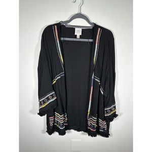 Knox Rose Embroidered Boho Aztec Tribal Kimono Cardigan Sweater Black Size Large